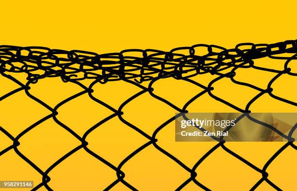 color manipulated image of a damaged chainlink fence against vibrant yellow background - chain link fence stock-fotos und bilder