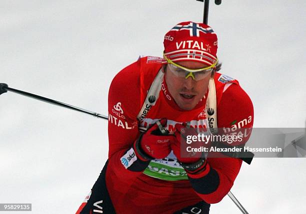 Emil Hegle Sevendsen of Norway competes during the Men's 4 x 7,5km Relay in the e.on Ruhrgas IBU Biathlon World Cup on January 17, 2010 in...