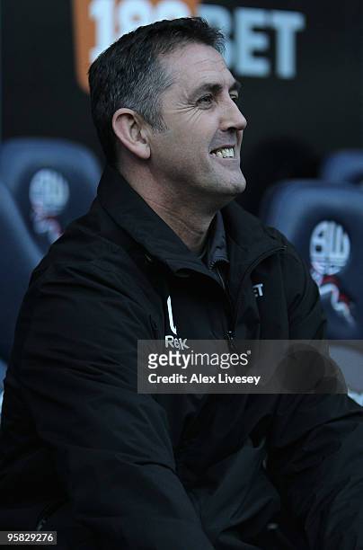 Bolton Wanderers Manager Owen Coyle looks on prior to the Barclays Premier League match between Bolton Wanderers and Arsenal at the Reebok Stadium on...