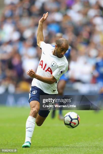 Lucas Moura of Tottenham Horspur in action during the Premier League match between Tottenham Hotspur and Leicester City at Wembley Stadium on May 13,...