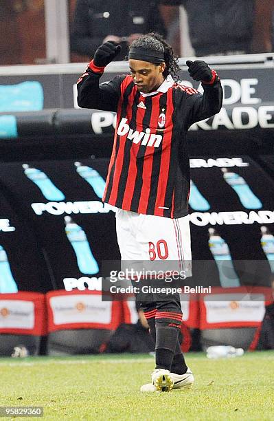 Ronaldinho of Milan celebrates the goal during the Serie A match between Milan and Siena at Stadio Giuseppe Meazza on January 17, 2010 in Milan,...