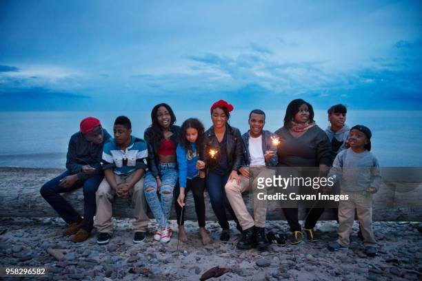 family and friends sitting on log at beach against sky - black family reunion stock pictures, royalty-free photos & images