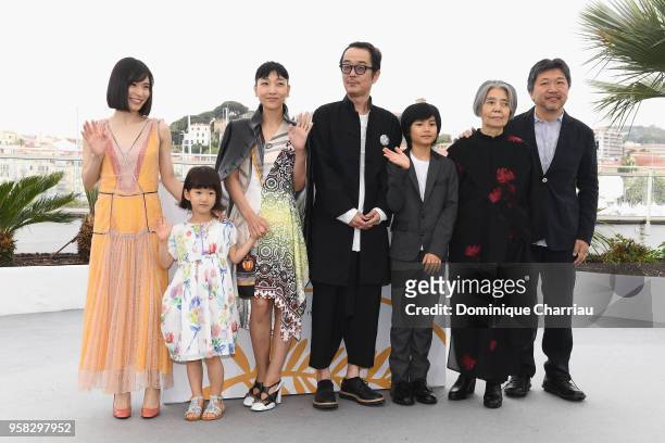 Mayu Matsuoka, Miyu Sasaki , Sakura Ando, Lily Franky, Jyo Kairi, Kirin Kiki and director Hirokazu Koreeda attend the photocall for "Shoplifters "...