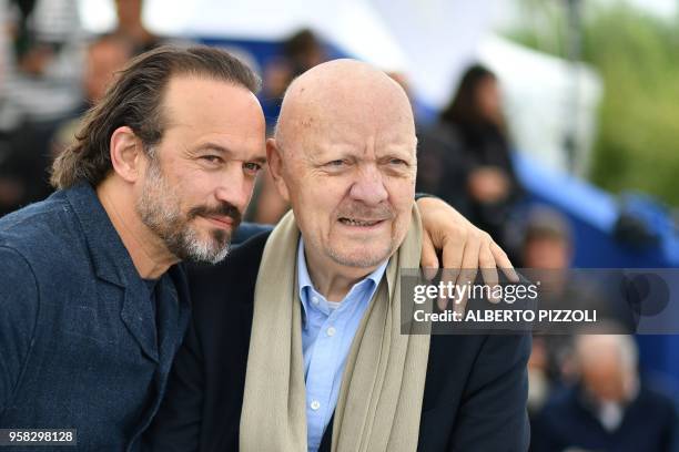 Swiss actor Vincent Perez and French director Jean-Paul Rappeneau pose on May 14, 2018 during a photocall for the film "Cyrano de Bergerac" at the...