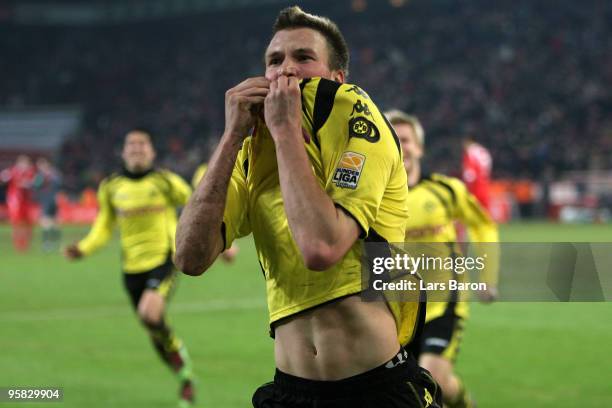 Kevin Grosskreutz of Dortmund celebrates after scoring the winning goal during the Bundesliga match between 1. FC Koeln and Borussia Dortmund at...