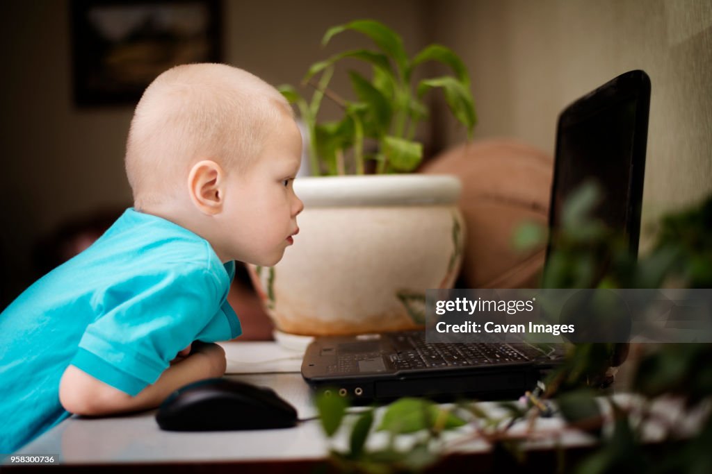 Profile view of curious boy looking at laptop screen in house