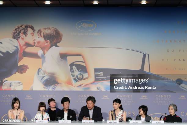 Mayu Matsuoka, Miyu Sasaki, Lily Franky, Hirokazu Koreeda, Sakura Ando, Jyo Kairi and Kirin Kiki attend the press conference for "Shoplifters "...