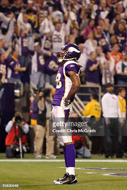 Wide receiver Sidney Rice of the Minnesota Vikings celebrates his touchdown against the Dallas Cowboys during the second quarter of the NFC...