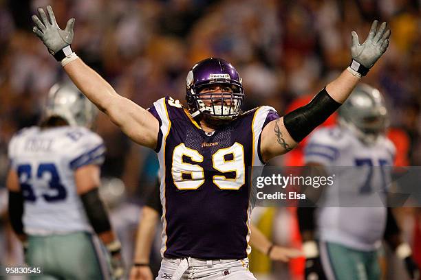 Defensive end Jared Allen of the Minnesota Vikings celebrates his sack against Tony Romo of the Dallas Cowboys during the second quarter of the NFC...