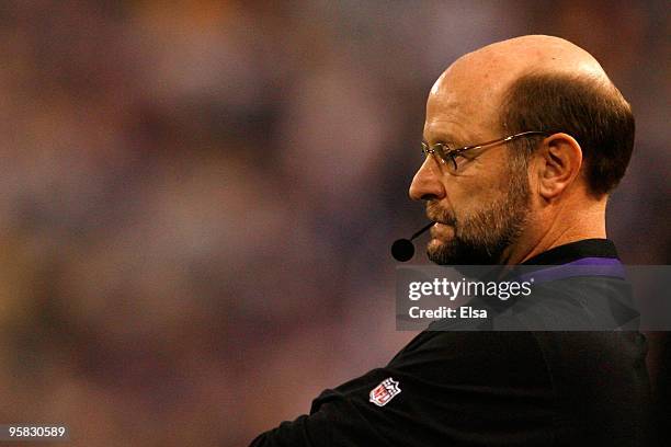 Brad Childress, Head Coach of the Minnesota Vikings, looks on during the first half of the game against the Dallas Cowboys during the NFC Divisional...