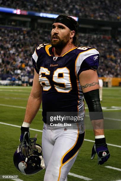 Defensive end Jared Allen of the Minnesota Vikings walks off the field during halftime while playing against the Dallas Cowboys during the NFC...