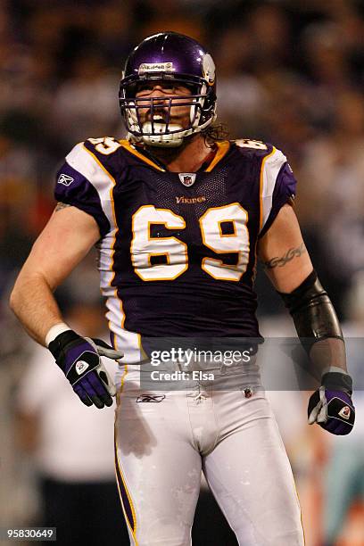 Defensive end Jared Allen of the Minnesota Vikings reacts during the second quarter of the game against the Dallas Cowboys during the NFC Divisional...