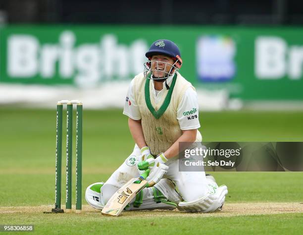 Dublin , Ireland - 14 May 2018; Niall O'Brien of Ireland reacts after narrowly avoiding being run-out during day four of the International Cricket...