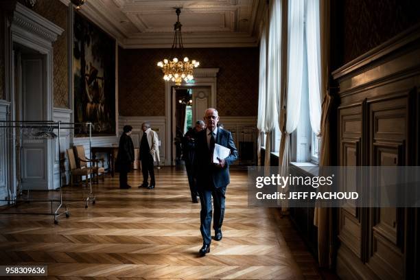French prefect of Lyon, Stephane Bouillon arrives to give a press conference, on May 14, 2018 in Lyon prefecture, to announce the measures taken to...