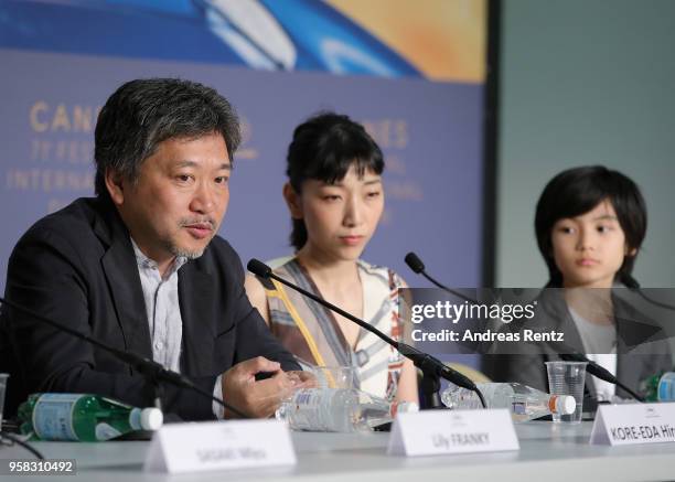 Japanese director Hirokazu Kore-Eda, Sakura Ando and Jyo Kairi attend the press conference for "Shoplifters " during the 71st annual Cannes Film...