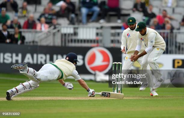 Dublin , Ireland - 14 May 2018; Faheem Ashraf of Pakistan, right, attempts to run-out WIlliam Porterfield of Ireland, left, during day four of the...