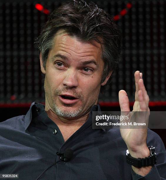 Actor Timothy Olyphant of the television show "Justifield" speaks during the FX portion of the 2010 Television Critics Association Press Tour at the...