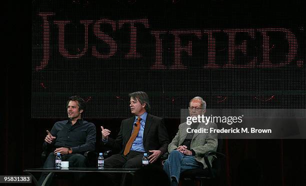 Actor Timothy Olyphant, executive producer Graham Yost and writer/executive producer Elmore Leonard of the television show "Justifield" speak during...