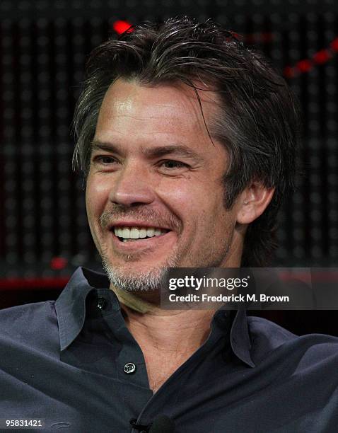 Actor Timothy Olyphant of the television show "Justifield" speaks during the FX portion of the 2010 Television Critics Association Press Tour at the...