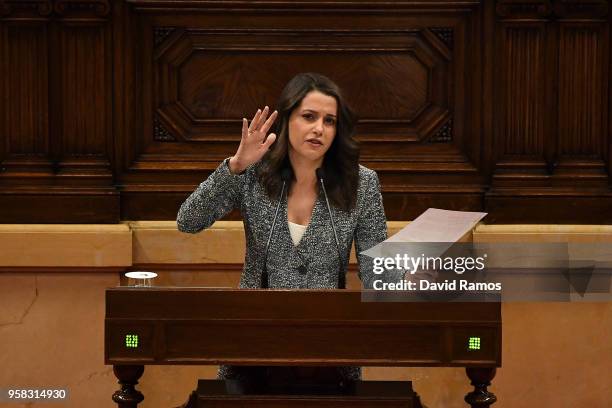 Ines Arrimadas, leader of Ciudadanos, gives a speech during the second day of the parliamentary session debating on his investiture as the new...