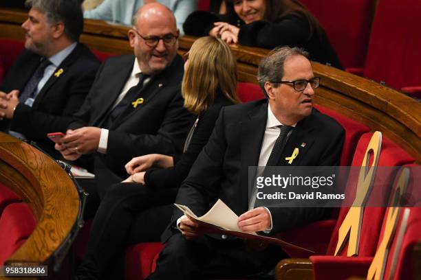 Quim Torra looks on during the second day of the parliamentary session debating on his investiture as the new CataloniaÕs President at Parliament of...