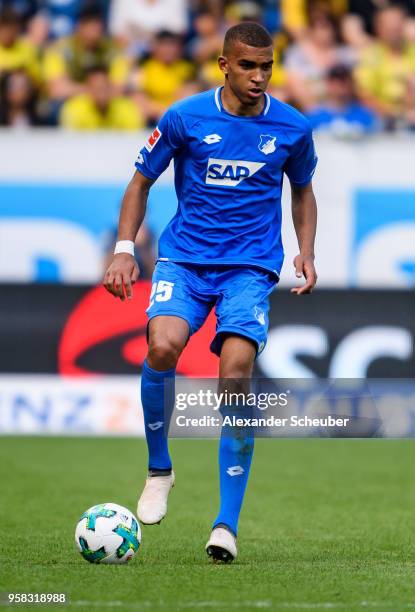 Kevin Akpoguma of Hoffenheim in action during the Bundesliga match between TSG 1899 Hoffenheim and Borussia Dortmund at Wirsol Rhein-Neckar-Arena on...