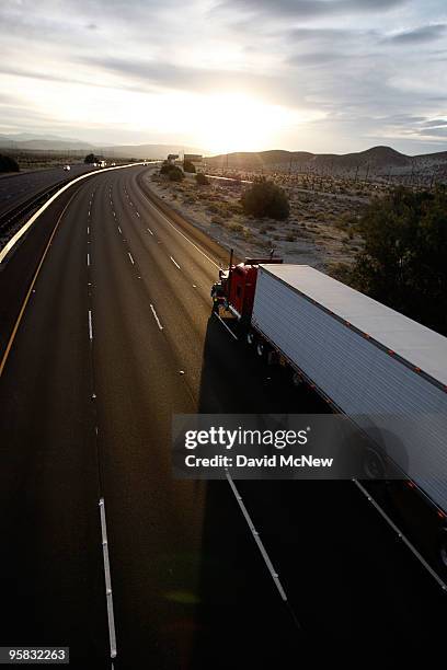 Truck travels the Interstate 10 freeway on January 17, 2010 near of Palm Springs, California. The San Andreas earthquake fault crosses all roadways...