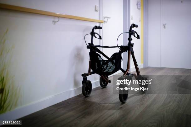 Walking frame stands in a corridor of a nursing home on April 27, 2018 in Berlin, Germany.