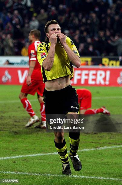 Kevin Grosskreutz of Dortmund celebrates after scoring the winning goal during the Bundesliga match between 1. FC Koeln and Borussia Dortmund at...