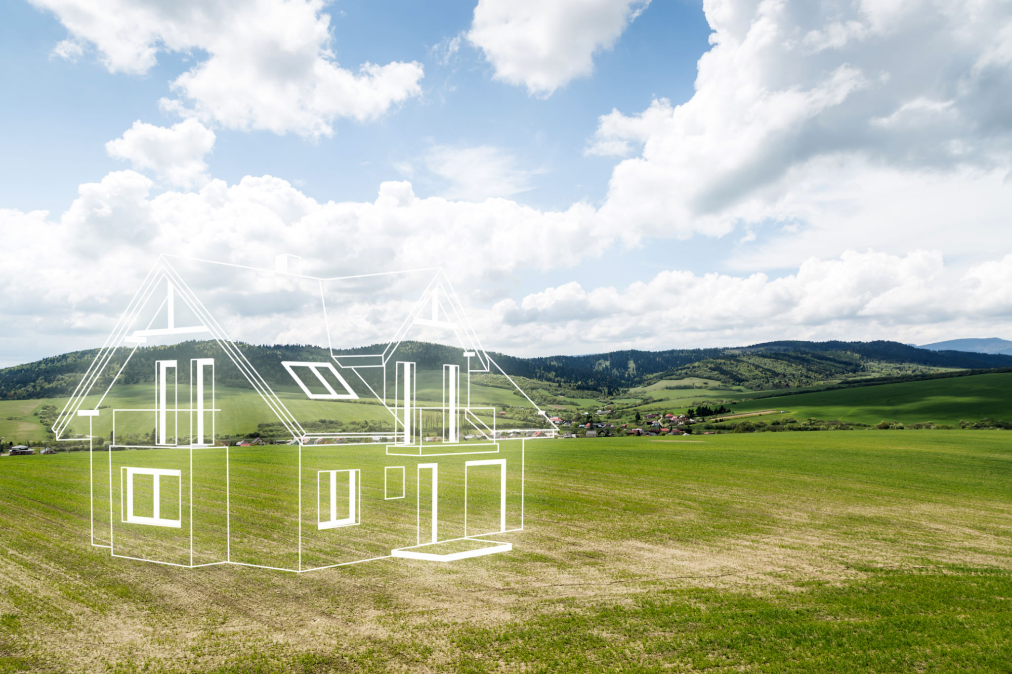 House project on the meadow. Concept of dreams about a new home. Contours of the house in 3d on a meadow. House project on the meadow. Concept of dreams about a new home. Contours of the house in 3d on a meadow.