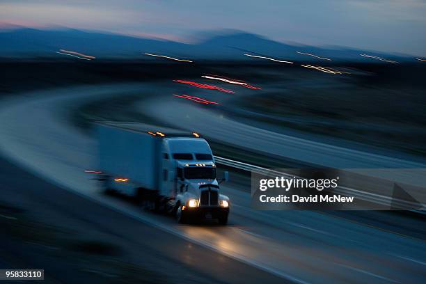 Truck travels the Interstate 10 freeway on January 17, 2010 near of Indio, California. The San Andreas earthquake fault crosses all roadways and...