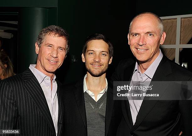 Lionsgate CEO Jon Feltheimer, actor Tobey Maguire, and Lionsgate Motion Picture Group President Joe Drake attend the Lionsgate Golden Globe Party at...