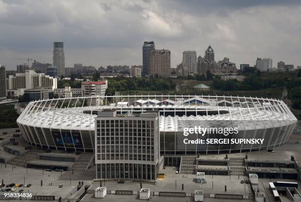 This general view taken on May 14 shows The NSC Olimpiyskiy Stadium in Kiev, ahead of the 2018 2018 UEFA Champions League Final football match...