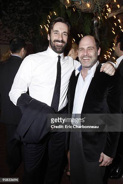 Jon Hamm and Matthew Weiner at Lionsgate pre Golden Globe party at the Polo Lounge at the Beverly Hills Hotel on January 16, 2010 in Beverly Hills,...