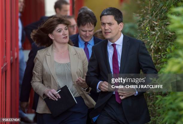 Conservative MP, Nicky Morgan and former British Foreign secretary David Miliband arrive to deliver a joint speech on Brexit and trade in Rainham,...