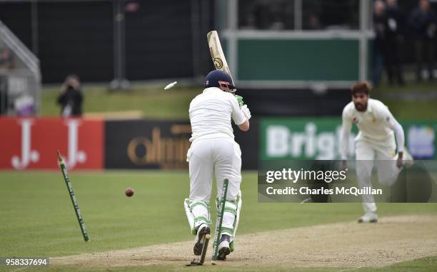 Mohammad Amir clean bowls Niall O'Brien during the fourth day of the international test cricket match between Ireland and Pakistan on May 14, 2018 in...