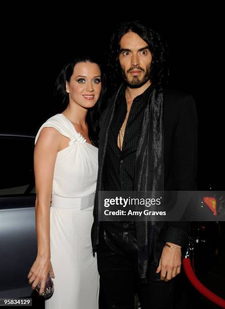 Singer Katy Perry and actor/comedian Russell Brand arrive at The Art of Elysium's 3rd Annual Black Tie Charity Gala "Heaven" on January 16, 2010 in...