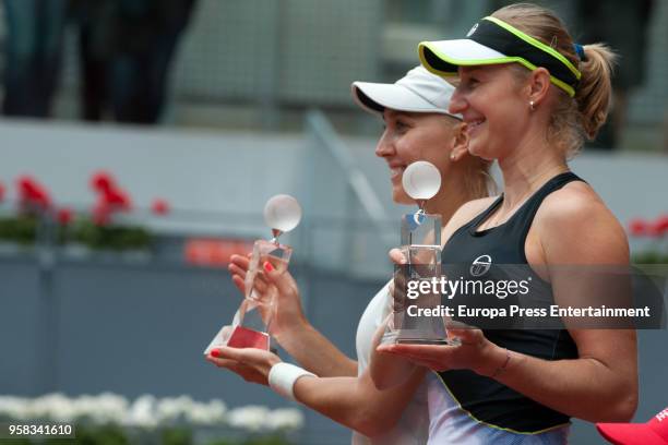 Ekaterina Makarova and Elena Vesnina of Russia during day seven of the Mutua Madrid Open tennis tournament at the Caja Magica on May 11, 2018 in...