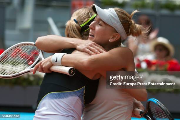Ekaterina Makarova and Elena Vesnina of Russia during day seven of the Mutua Madrid Open tennis tournament at the Caja Magica on May 11, 2018 in...