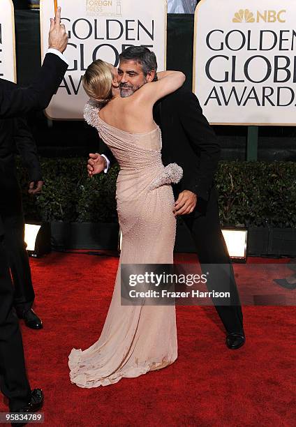 Actress Drew Barrymore and actor George Clooney arrive at the 67th Annual Golden Globe Awards held at The Beverly Hilton Hotel on January 17, 2010 in...