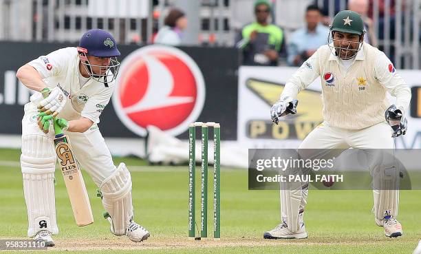 Pakistan's Sarfraz Ahmed watches as Ireland's Niall O'Brien plays a shot during play on day four of Ireland's inaugural test match against Pakistan...