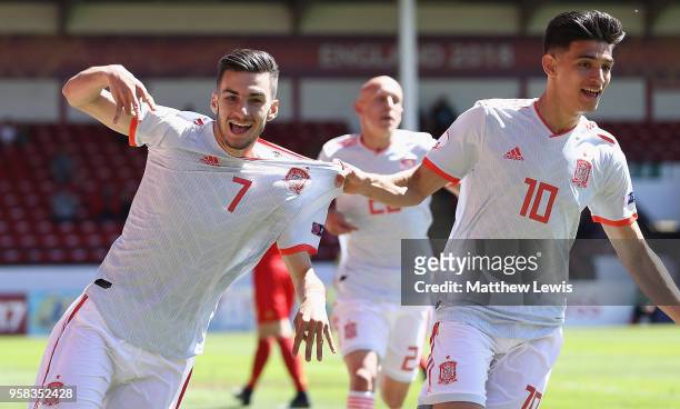 Alejandro Baena Rodriguez of Spain celebrates his goal with Nabil Touaizi of Spain during the UEFA European Under-17 Championship Quarter Final match...