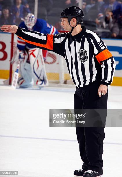 Referee Chris Lee signals the goal by Brian Gionta of the Montreal Canadiens against the New York Rangers on January 17, 2010 at Madison Square...