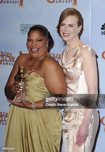 Actresses Mo'nique and Nicole Kidman pose in the press room at the 67th Annual Golden Globe Awards at The Beverly Hilton Hotel on January 17, 2010 in...