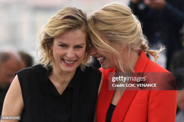 French actress Karin Viard and French actress and film director Andrea Bescond pose on May 14, 2018 during a photocall for the film "Little Tickles "...