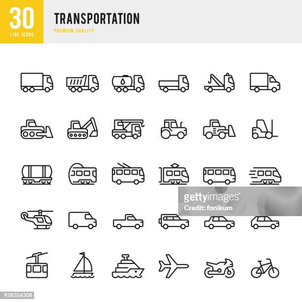 illustrazioni stock, clip art, cartoni animati e icone di tendenza di trasporto - set di icone vettoriali di linea - mezzo di trasporto
