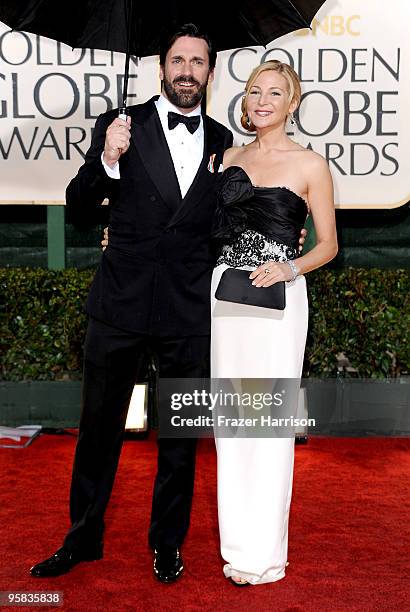 Actors Jon Hamm and Jennifer Westfeldt arrive at the 67th Annual Golden Globe Awards held at The Beverly Hilton Hotel on January 17, 2010 in Beverly...