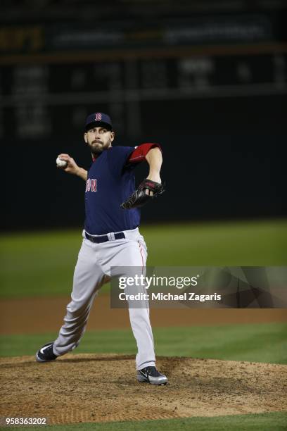 Matt Barnes of the Boston Red Sox pitches during the game against the Oakland Athletics at the Oakland Alameda Coliseum on April 20, 2018 in Oakland,...