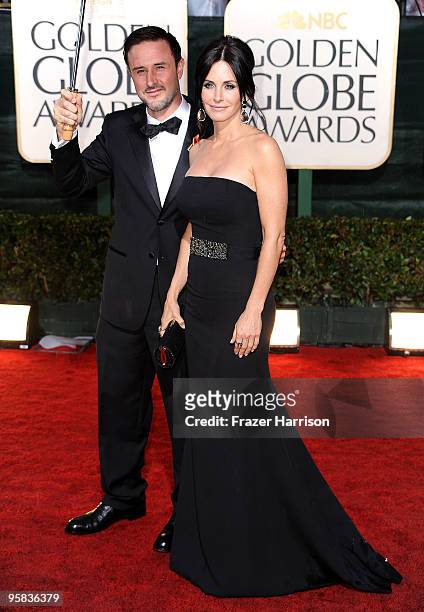 Actor David Arquette and actress Courteney Cox-Arquette arrive at the 67th Annual Golden Globe Awards held at The Beverly Hilton Hotel on January 17,...