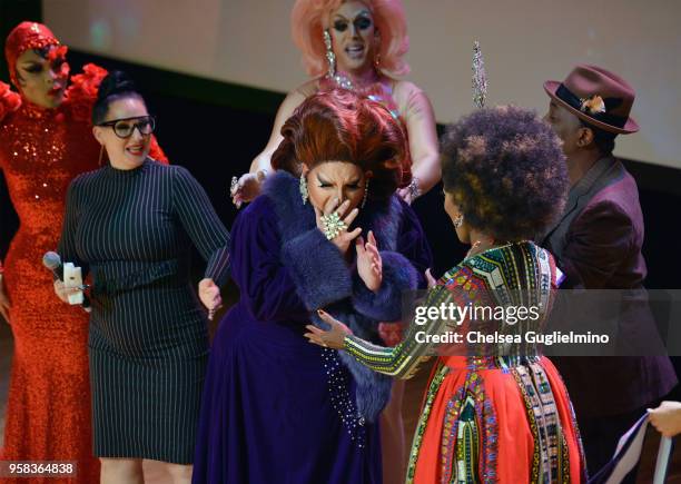 PorkChop is crowned as winner of the pageant as Vanessa Mateo aka Miss Vanjie, Michelle Visage, Tempest DuJour, PorkChop and Coco Montrese look on at...